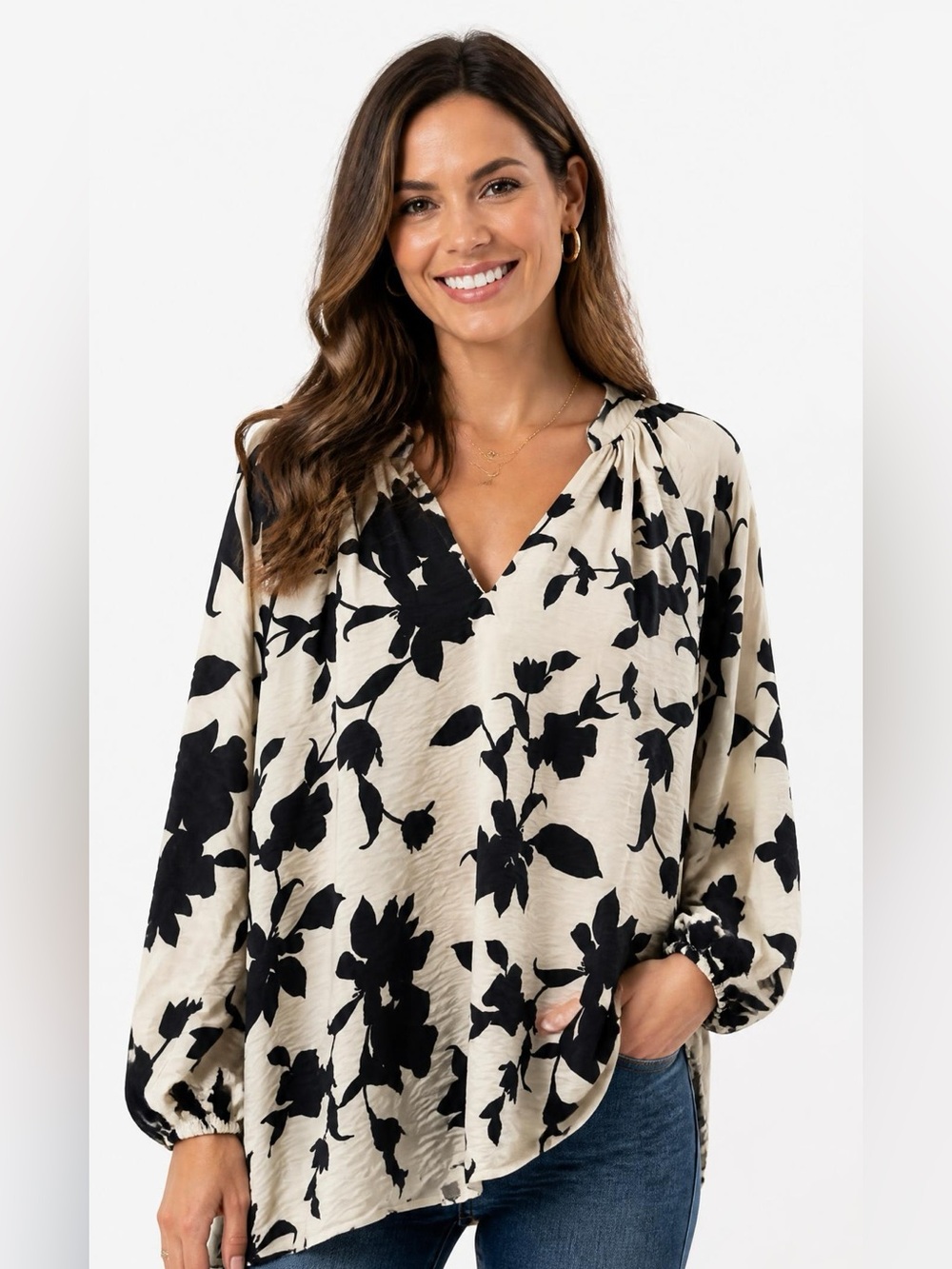 3 for $15😍 Whistles White Blouse with Navy Floral Print